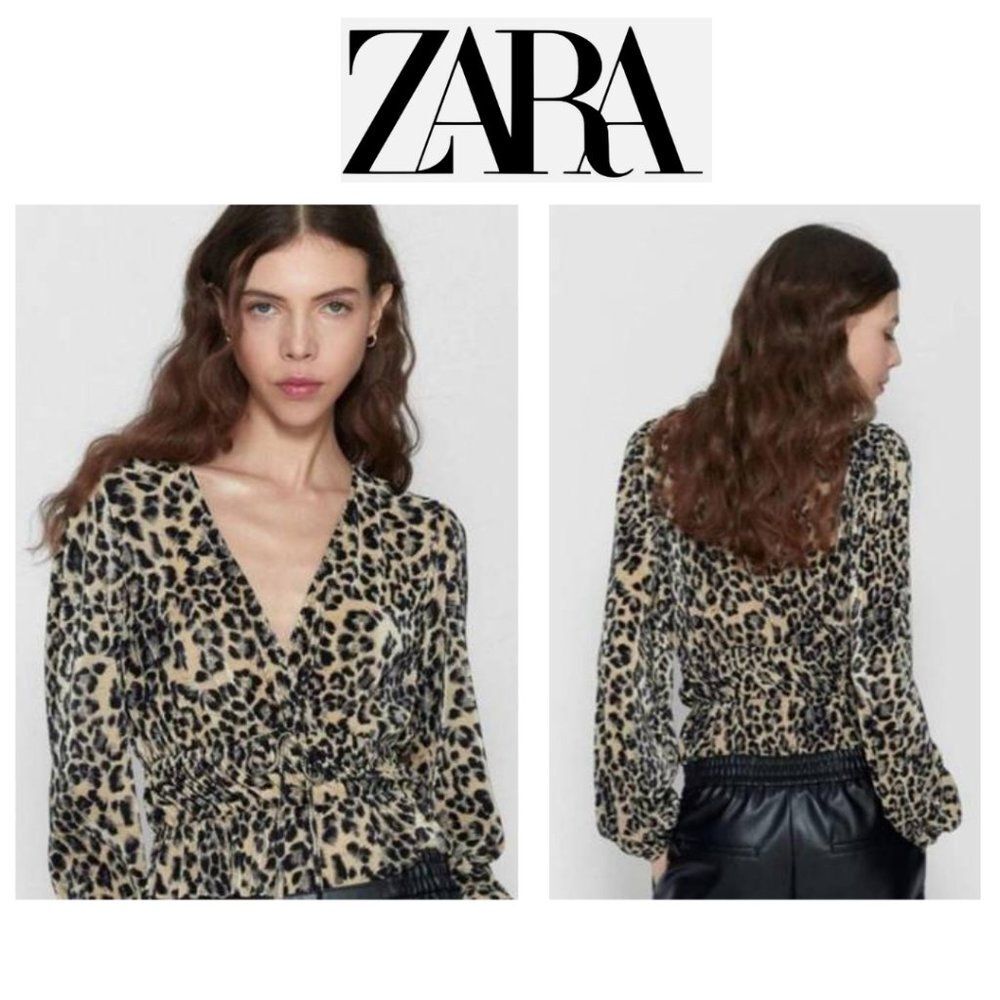 Zara Pleated Leopard Print V-neck Faux Wrap Crop Top Long Sleeve Blouse